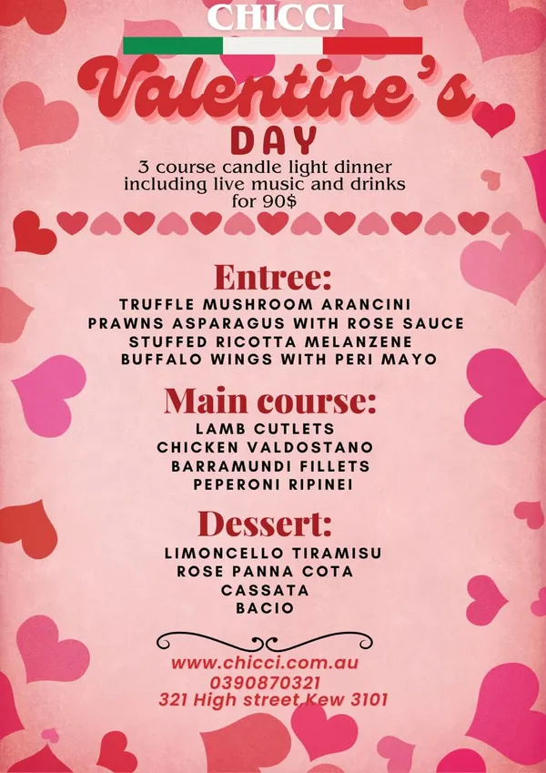 valentine day day romantic menu, appetizer, main course, dessert